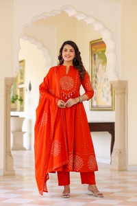 Women's Orange Cotton Embroidered <b>Kurti</b> With Pant And Dupatta Set Floral Design Traditional Daily Wear India Pakistan Style - Product Image 2