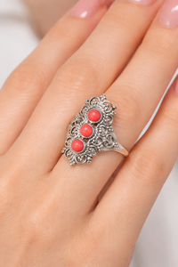 Anillo de Coral Natural con Filigrana de Plata de Ley 925, Anillo Hecho a Mano, Joyería de Diseño Étnico Vintage para Mujer - Product Image 2