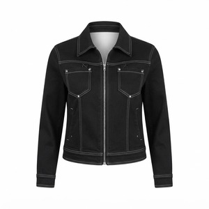 Chaqueta vaquera negra para mujer al por mayor, de invierno, 100% poliéster, con costuras en contraste, cuello vuelto, cremallera completa, abrigo corto informal. - Product Image 2