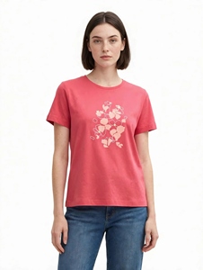 Women's Coral Pink Floral Print Crew Neck <b>T</b>-<b>Shirt</b> Regular Fit Short Sleeve 100% Cotton Casual Spring Summer Jersey Knit OD INDUS - Product Image 1