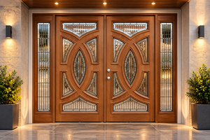 Puerta de Entrada de Madera Sólida Golden Aero con Diseño Circular CNC, Puerta Exterior de Madera Personalizada para Apartamento o Villa Contemporánea - Product Image 1