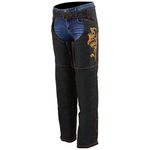 Samroz Sports Women's Motorcycle <b>Riding</b> <b>Chaps</b> Leather Seamless Customizable Embroidered Floral Design Black Denim Panel Pants - Product Image 1
