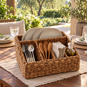 Panier de rangement rectangulaire en jonc de mer tressé à la main personnalisable avec 4 compartiments, organisateur de bureau minimaliste et durable à un seul niveau - Product Image 6
