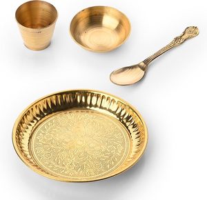 Juego de thali para pooja de último diseño, platos pequeños, cuencos, cuchara, kalash, kit ritual compacto, para culto en el templo, tamaño de viaje, decoración tradicional - Product Image 1