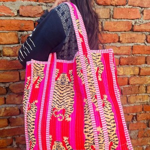 Eco-Friendly Quilted Cotton Zipper Tote Bag Large Vintage Block Printed <b>Boho</b> Hand Travel Sturdy Sustainable for Grocery Open - Product Image 2