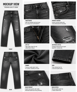 Jean en denim noir délavé pour homme, coupe droite, en coton, décontracté, séchage rapide, respirant, taille mi-haute, OEM ODM, vente en gros - Product Image 6