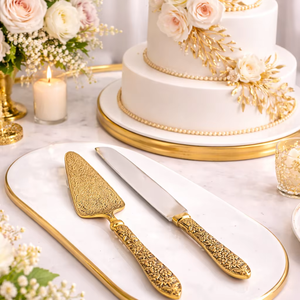 Ensemble de couteau et de spatule à gâteau de mariage moderne haut de gamme avec finition miroir, outils de découpe multifonctionnels en acier inoxydable - Product Image 1