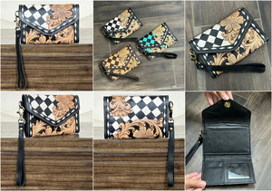 Western Tooled Leather Wallet for Women Checkered Cowgirl <b>Wristlet</b> Wallet Boutique Clutch Purse RFID Card Holder Organizer Gift - Product Image 3