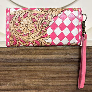 Portefeuille long en cuir à carreaux floral artisanal 2026, rose mignon, avec protection RFID, organiseur de cartes et de monnaie, pochette pour femme - Product Image 5