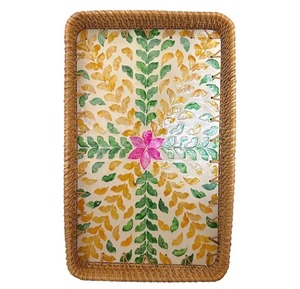 Ensemble de plateaux à collation en rotin naturel artisanal avec incrustation de nacre, plateau de service de luxe haut de gamme et décoration festive pour la maison - Product Image 6