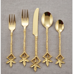Ensemble de couverts en forme de feuille de chêne dorée, finition miroir, style vintage, passe au lave-vaisselle, pour mariage et usage domestique - Product Image 1
