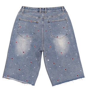 Shorts en jean tissé sur mesure pour homme de haute qualité, style vintage, effet vieilli, délavé clair, coupe droite, respirant, avec boutons en cristal - Product Image 2