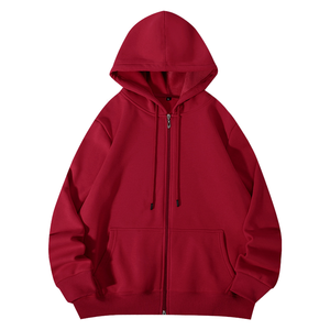 Sudadera con capucha roja para hombre, con cremallera completa, informal, de manga larga, con bolsillo canguro, lisa, con cremallera, mezcla de algodón, con logo personalizado. - Product Image 1