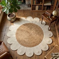Tapis rond en jute tressé motif marguerite, fait main, style bohème et rustique, pour décoration intérieure