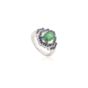 Women's Natural Emerald & Blue Sapphire May Birthstone Cluster <b>Statement</b> <b>Ring</b> Unique Vintage Inspired Design Jewelry - Product Image 3