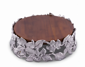 Premium Round Wooden <b>Cake</b> <b>Stand</b> With Silver Floral Base Handmade Serving Tray For Desserts Elegant Tabletop Accent - Product Image 1