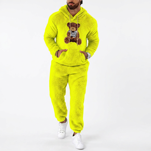 Ensemble de survêtement unisexe marron en polaire respirant et écologique avec applique ours, tenue décontractée à manches longues pour l'hiver - Product Image 6