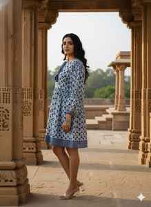 Vestido Midi Azul con Estampado Floral Hecho a Mano, Túnica de Algodón con Volantes para Verano, Vestido Étnico Bohemio para Mujer, Hecho por Artesanos Indios, Lavable, Natural - Product Image 3