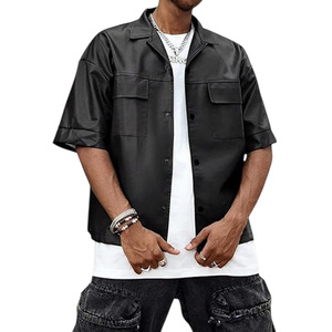 High Quality Fashion Casual Streetwear Good Supplier Black Color Short Sleeve Button Style Men Club <b>Party</b> Wear Pu Leather <b>Shirts</b> - Product Image 1