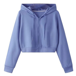 Women's Blue Hooded <b>Zip</b>-<b>Up</b> <b>Cropped</b> Sweatshirt Regular Sleeve Knitted Solid Color Autumn Casual Wear - Product Image 1