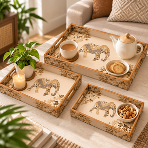 Ensemble de plateaux de service en bois à imprimé animal moderne, motif éléphant |   Plateau artisanal multifonctionnel pour la maison, l'hôtel, Diwali et les mariages - Product Image 6
