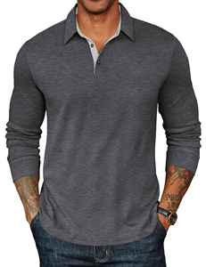 Polo de Manga Larga para Hombre, Tejido de Punto, Color Sólido, Diseño Casual con Botones, Transpirable, en Tela de Algodón Gris Oscuro - Product Image 1