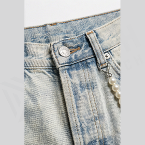 Jean droit taille haute pour homme en denim de coton délavé style streetwear perlé coupe slim décontracté printemps - Product Image 4