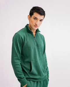 Men's Green Quarter-Zip Fleece Tracksuit Solid Color Casual Winter Wear 100% Cotton <b>Knitted</b> Full Sleeve <b>Set</b> - Product Image 4