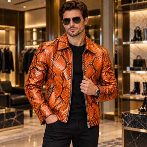 Men’s <b>Purple</b> Snake Embossed Leather Jacket Luxury Genuine Leather Biker Coat Zip Up Motorcycle Jacket - Product Image 3