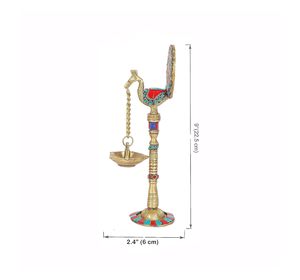 Lampe à huile suspendue artisanale en forme de paon, finition laiton décorative, Diya pour la maison, le temple, la décoration festive - Product Image 2