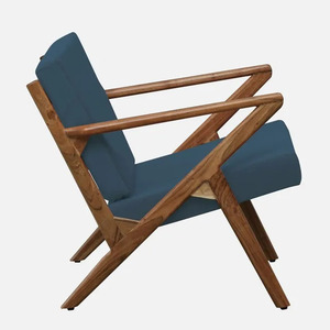Fauteuil en bois de style mid-century modern avec dossier solide et revêtement bleu, chaise de salon au design ergonomique - Product Image 2