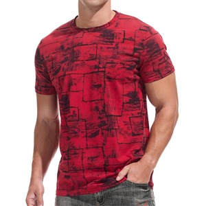 T-shirt décontracté en coton tricoté pour homme, coupe oversize, col rond, manches courtes, imprimé tie-dye rouge, respirant, 320g - Product Image 3