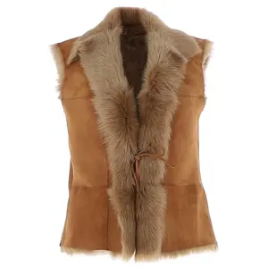 Reversible Tan Suede Jacket For Women Sleeveless with Tie Closure 100% Genuine Shearling Fur Collar Breathable Women's Vest