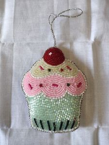 Velvet Beaded Cupcake Christmas Ornament 4 Inch Cute Dessert Hanging Decor - Product Image 1