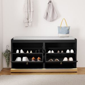 Banc d'entrée moderne avec 2 tiroirs rabattables et assise rembourrée, meuble à chaussures capitonné avec rangement - Product Image 3