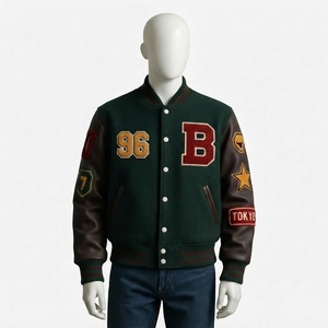 MEYBA SPORTS Unisex Green Varsity Jacket Polyester/Cotton Sleeve Embroidered <b>Patch</b> 96 Baseball Design Turn-down Collar Pullover - Product Image 5