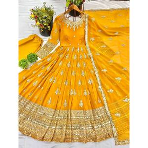 Vestido de trabajo de secuencia de bordado pesado completo de diseñador con vestidos de noche Dupatta con aspecto de fiesta - Product Image 3