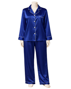 Conjunto de Pijama de Satén Azul Rey Personalizado para Mujer, Ropa de Dormir de Manga Larga con Botones, Estilo Seda, Conjunto de Dos Piezas Cómodo para Estar en Casa - Product Image 1
