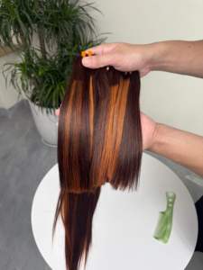 Extensiones de Cabello Humano Virgen con Clip, Color Marrón Oscuro con Reflejos Naranja, Cabello Remy Vietnamita Liso, Doble Trama, Hecho a Máquina - Product Image 5