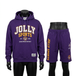 ชุดเซ็ตเสื้อฮู้ดดี้และกางเกงขาสั้นผ้าฝ้ายฟลีซคุณภาพพรีเมียม สีม่วงเข้ม สัมผัสนุ่ม พร้อมปักโลโก้ตามสั่ง สำหรับผู้ชาย - Product Image 5