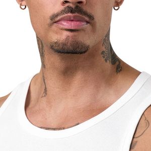 Mens White Ribbed Gym Tank Top Sleeveless O-Neck Printed <b>Athletic</b> Workout Shirt Fitness Training Sportswear Apparel - Product Image 4