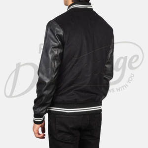 Veste varsity en laine noire pour homme avec manches en cuir véritable et poignets côtelés rayés, veste bomber premium de style Letterman - Product Image 2