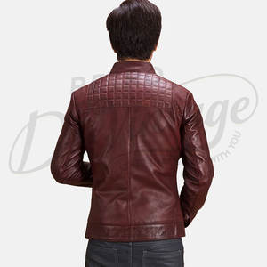 เสื้อแจ็คเก็ตหนังแท้ทรงสลิมฟิตสำหรับผู้ชาย รุ่นพรีเมียม สีเบอร์กันดี ตกแต่งลายเพชร ดีไซน์สไตล์ไบค์เกอร์ คอตั้ง สง่างาม เหมาะสำหรับแฟชั่นฤดูหนาว - Product Image 2