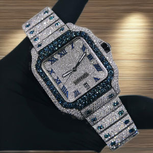 Limited Edition Modern Iced Blue Diamond Bezel Stainless Steel Square Automatic <b>Mechanical</b> <b>Watch</b> Blue Roman Numerals Full Bling - Product Image 1