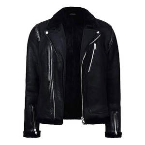 เสื้อแจ็คเก็ตหนังแกะบุขนแกะสีดำสำหรับผู้ชาย แจ็คเก็ตมอเตอร์ไซค์หนังแกะแท้บุขนสัตว์ อุ่นสบายสำหรับฤดูหนาว สไตล์คลาสสิก - Product Image 3