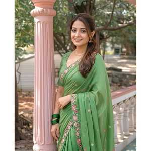 Sari brodé Elite Weaves Pista Green Pure Crush avec motifs floraux multicolores et bordure ajourée pour mariages - Product Image 3