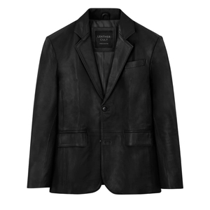 Blazer en cuir véritable noir pour homme, col rabattu, simple boutonnage - Product Image 4
