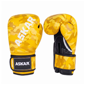 Gants de boxe Askar jaunes camouflage en cuir PU avec fermeture Velcro, équipement d'entraînement respirant pour adultes - Product Image 1