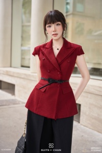 Blazer Rojo de Doble Botonadura para Mujer, Manga Corta, Cuello de Solapa, Lana y Poliéster Antiestático, con Botones, para Oficina y Negocios, ODM OEM - Product Image 3