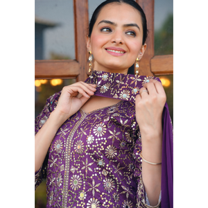 Taffeta Silk Mirror <b>Top</b> Georgette Palazzo <b>Sequined</b> Scarf Elastic Waist Stitched Women Three Piece Festive Salwar Suit Set - Product Image 5